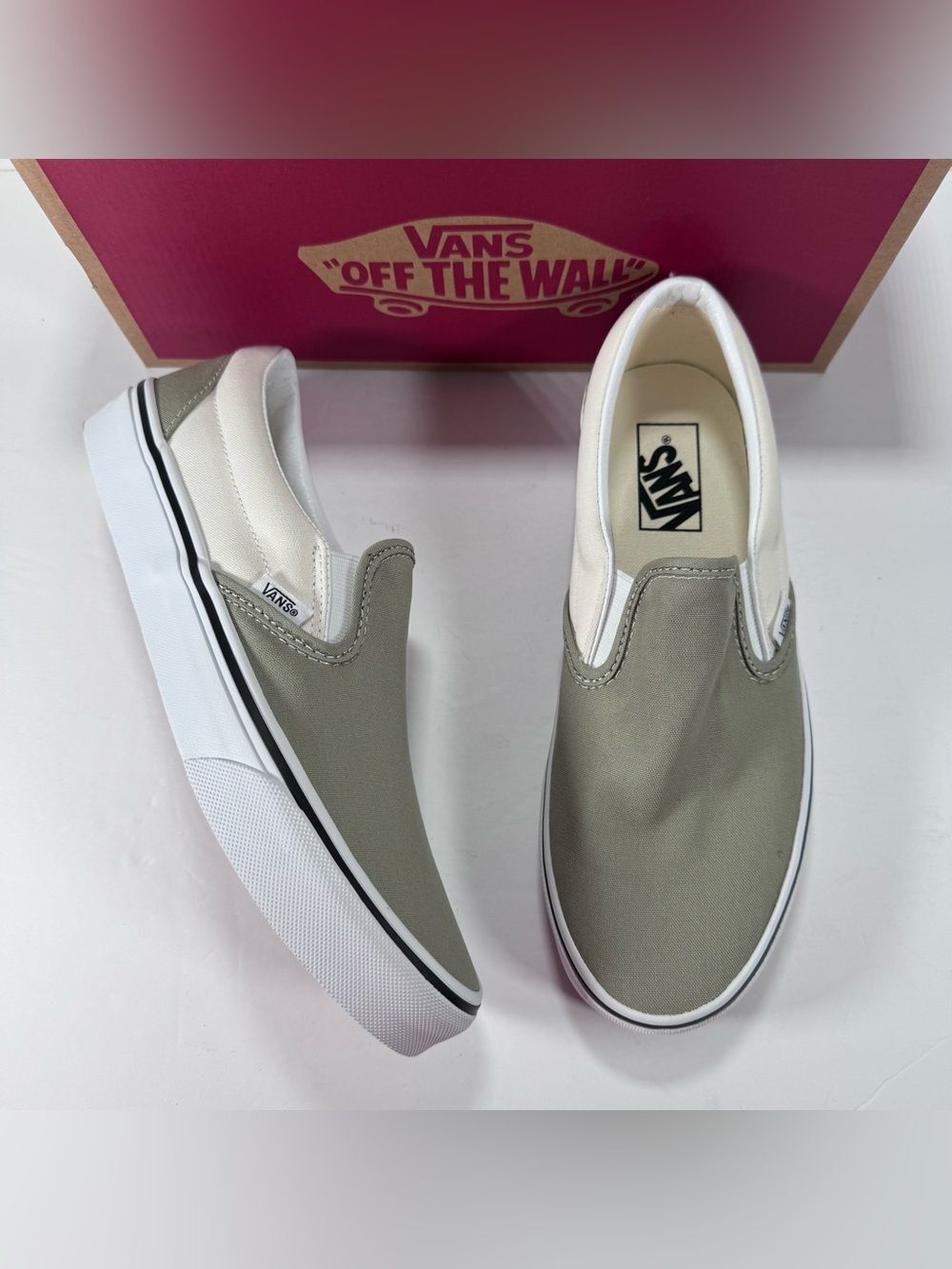 Vans Classic Slip-On Pop Sage Green White Skate Shoe Sneakers Women 9 Men 7.5